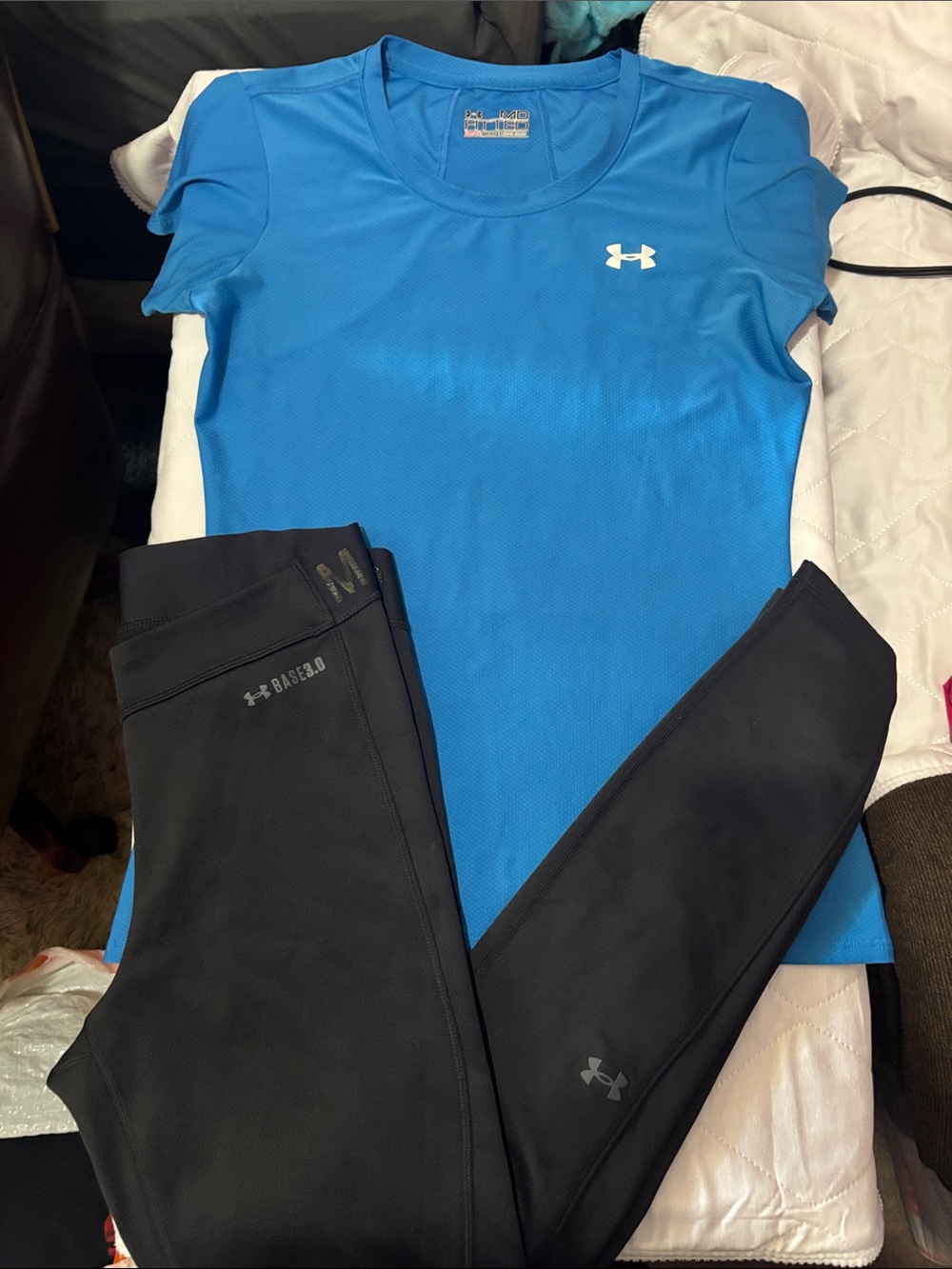 Under Armour Bright Blue Short Sleeve Performance Tee with Black Leggings